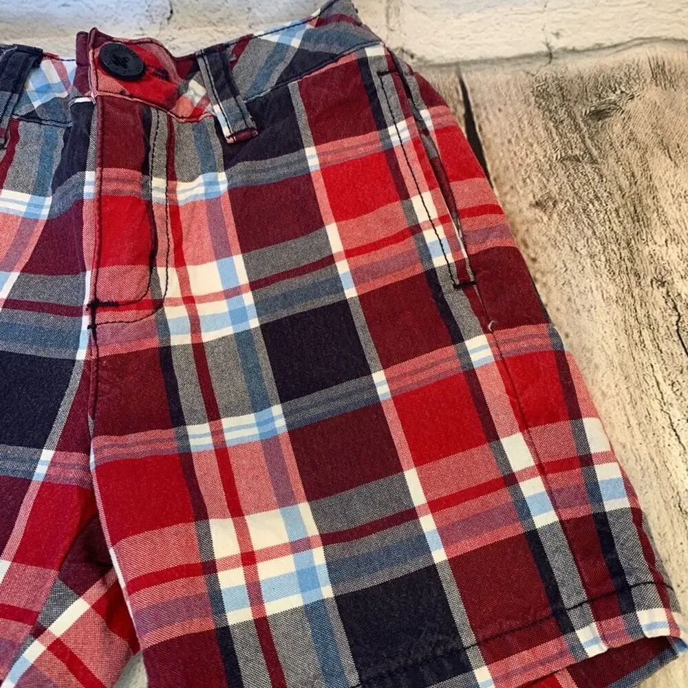 JANIE AND JACK Boy’s NWOT Red/White/Blue Plaid Chino Shorts / Size: 6-12 Months